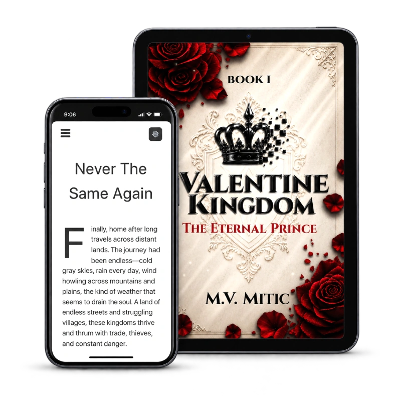 Valentine Kingdom The Eternal Prince fantasy novel displayed on a tablet beside a digital reading app