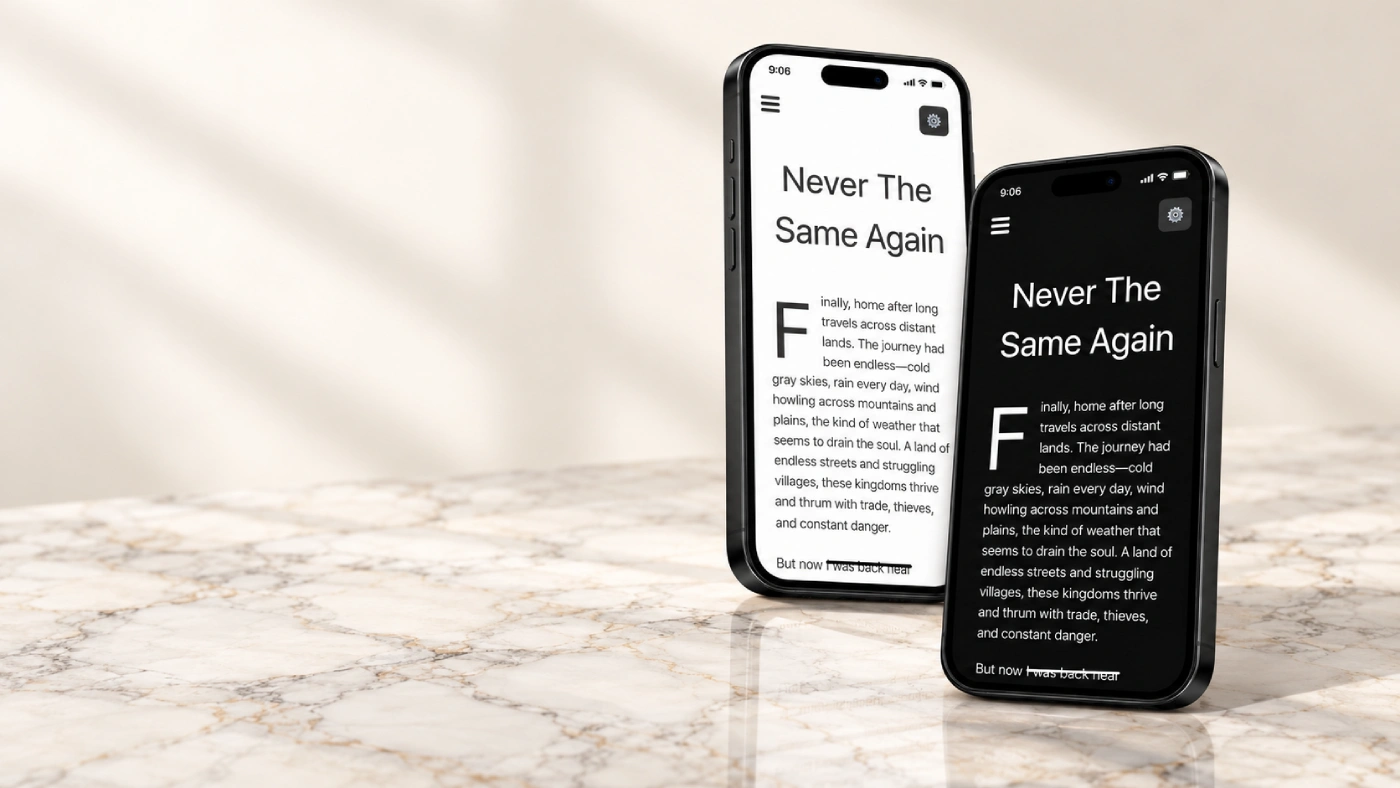 Digital reading app displayed on two smartphones with adjustable reading layouts
