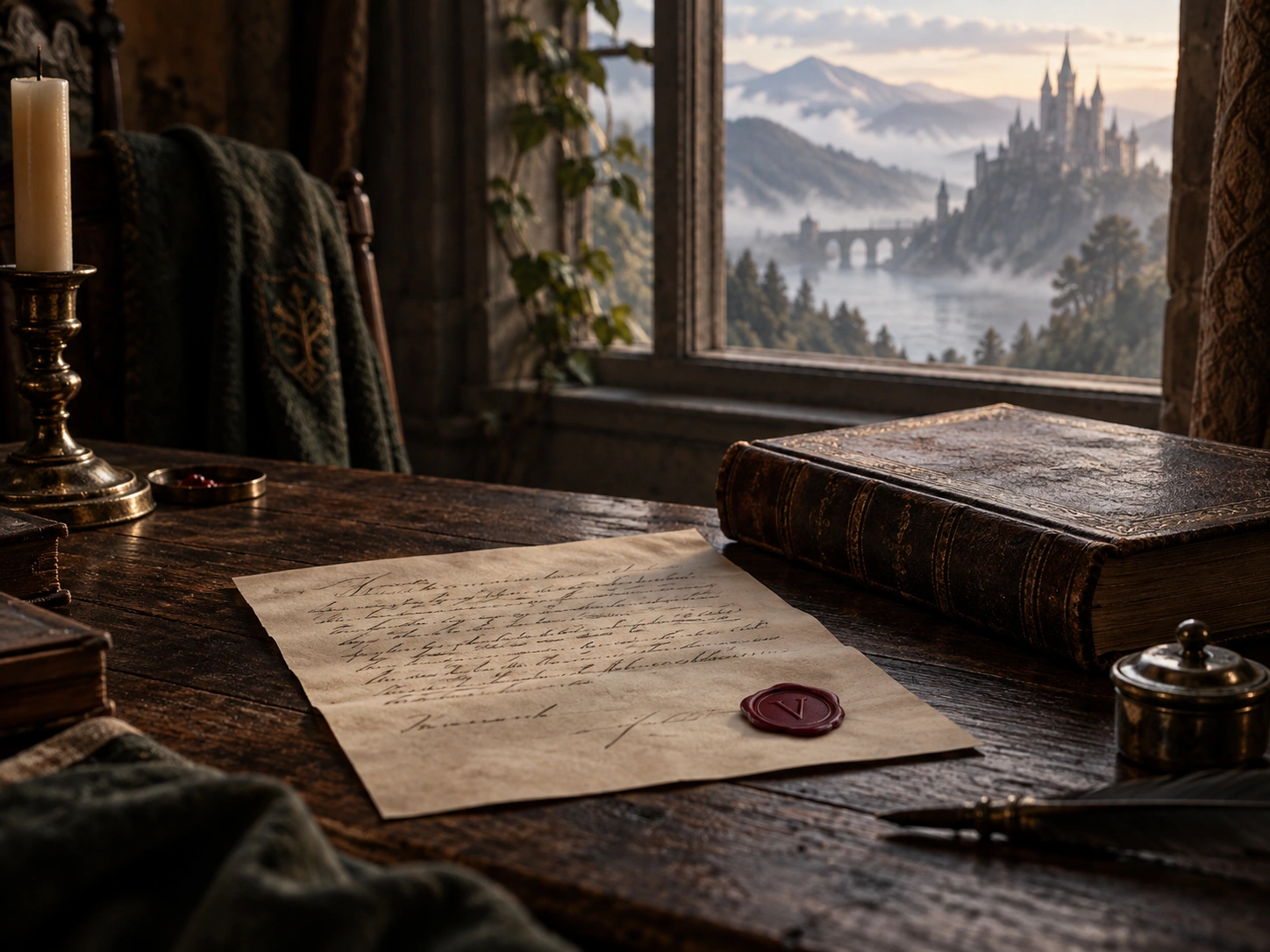 Old book and handwritten manuscript on a wooden desk overlooking a misty mountain landscape