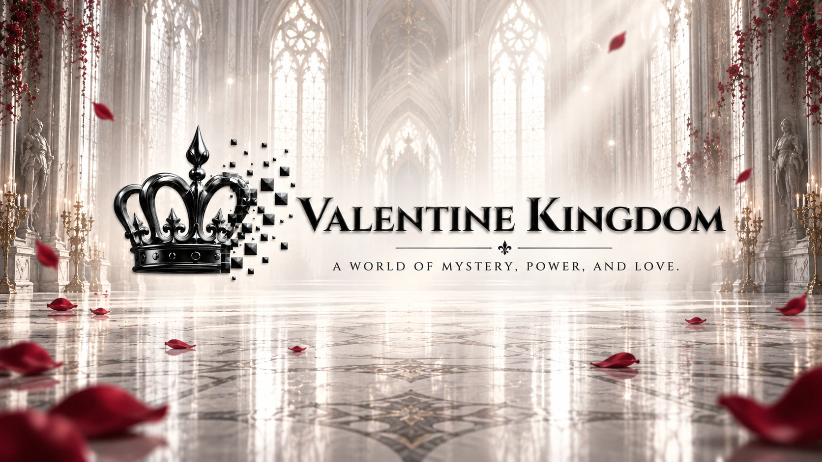 Valentine Kingdom royal crown and wordmark inside a sunlit Gothic cathedral