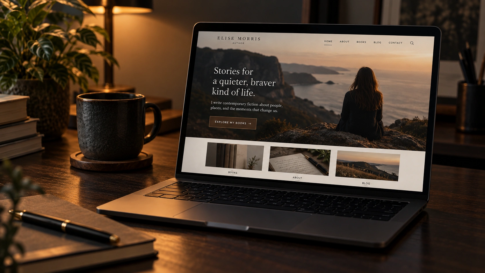 Modern content website with a featured article displayed on a laptop