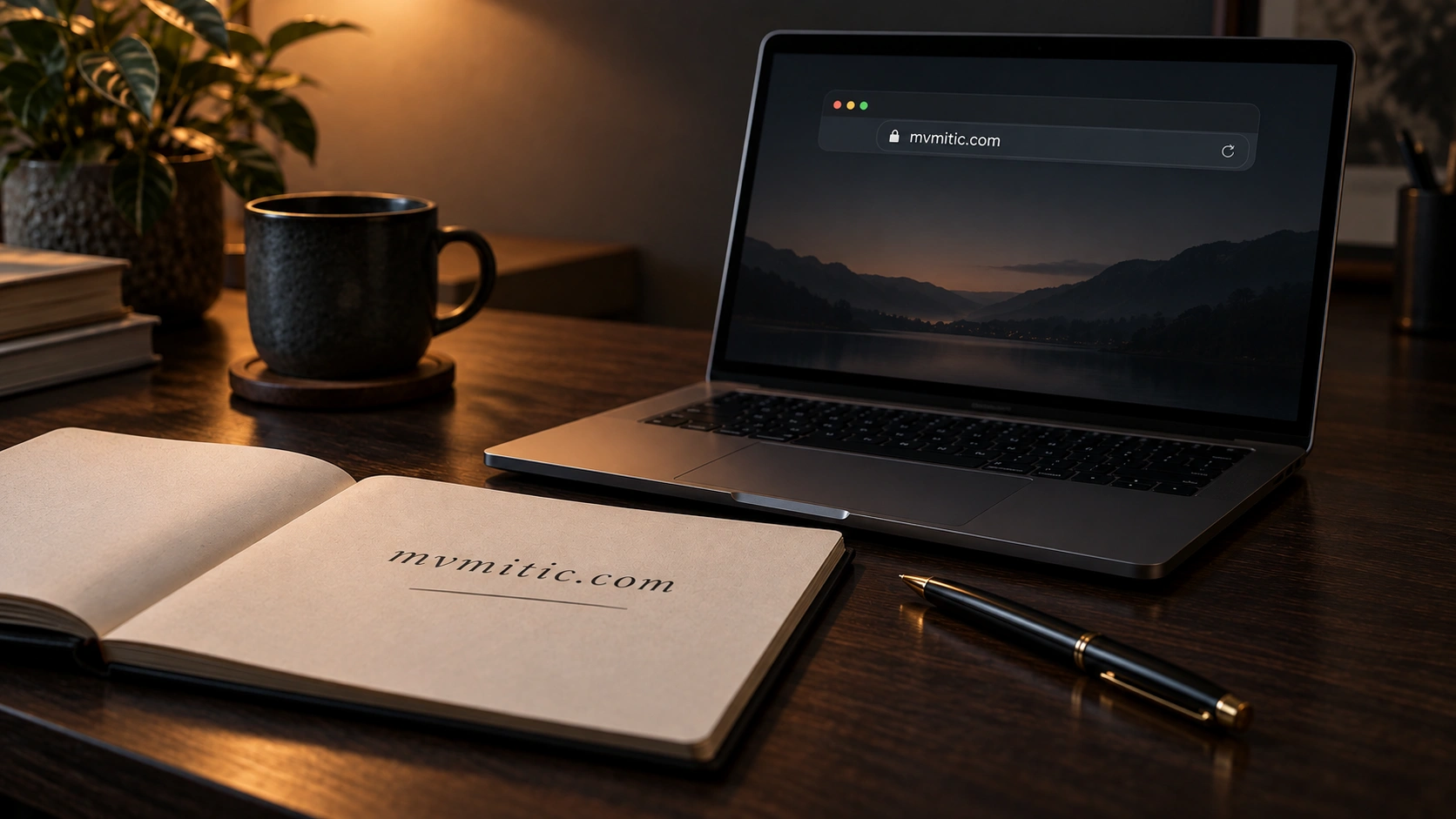 Laptop displaying a modern professional website on a warm wooden desk