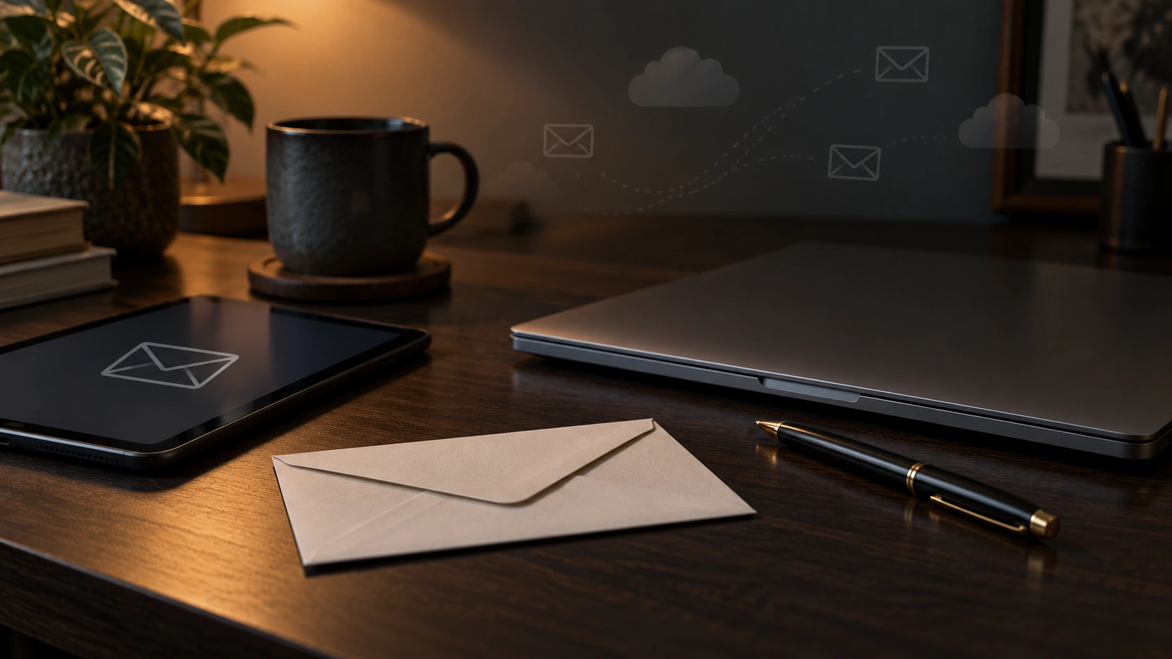 Laptop with floating email and cloud icons beside a coffee mug