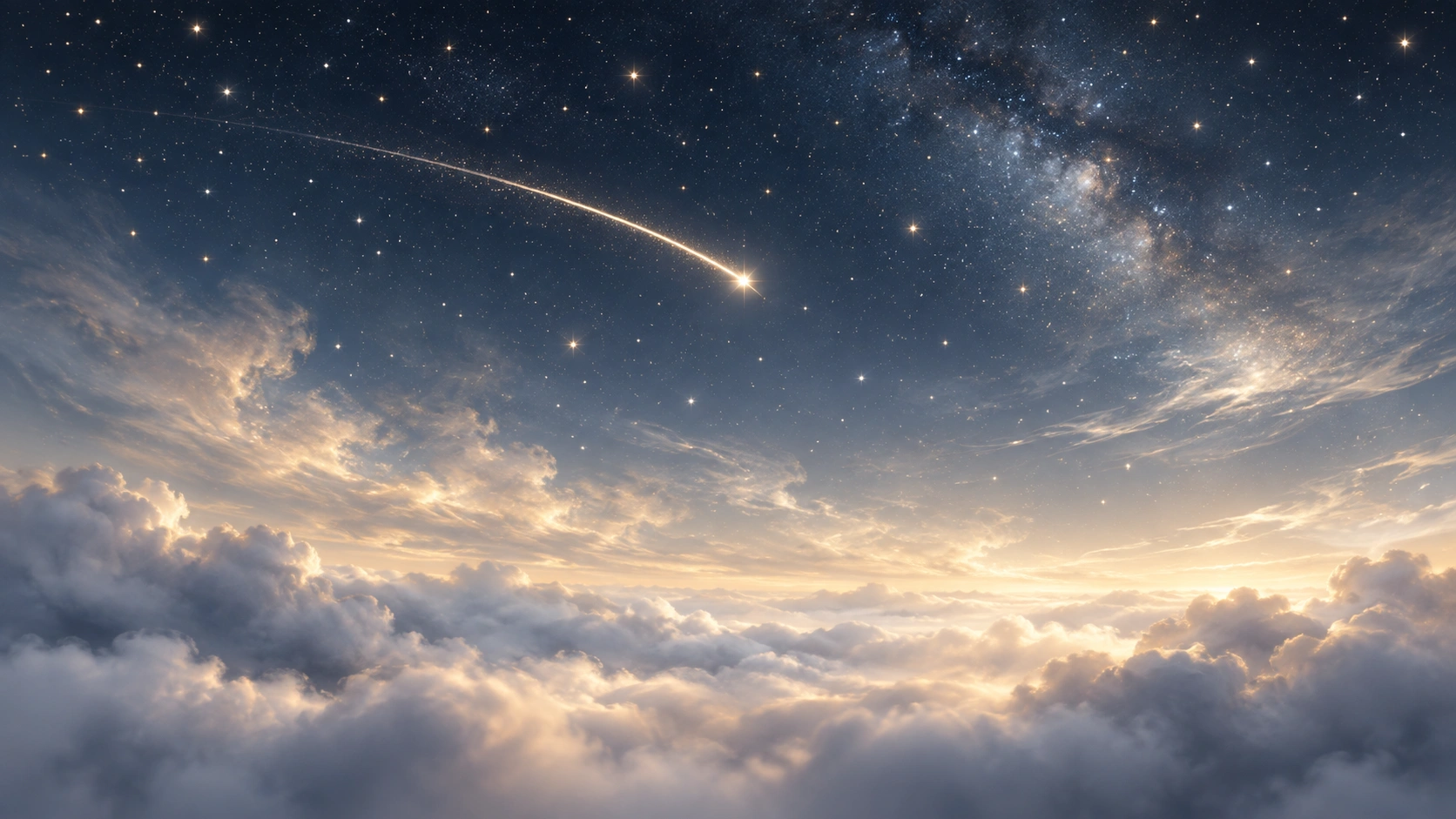 Shooting star crossing a magical night sky above glowing clouds