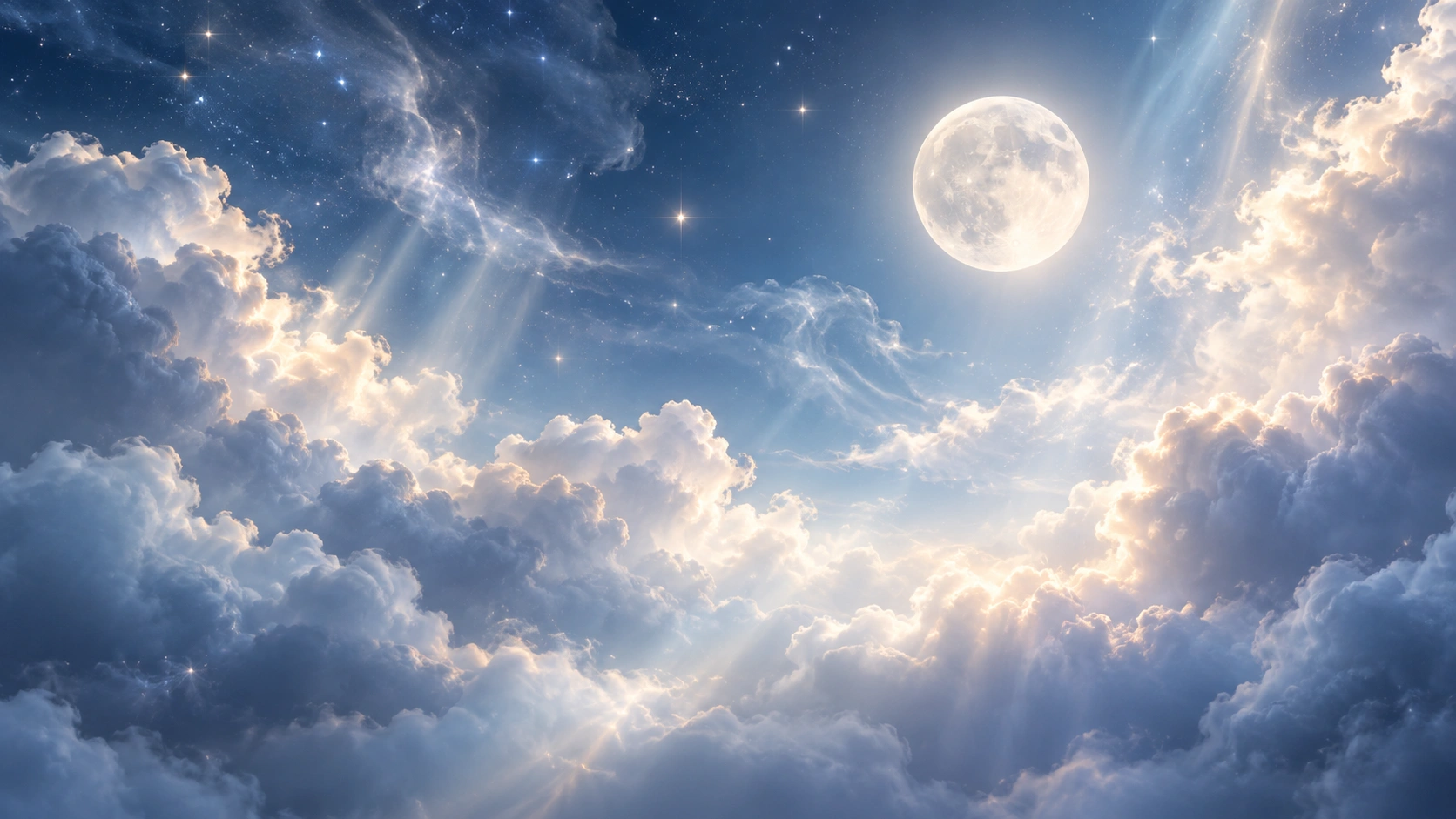 Bright full moon illuminating soft clouds beneath a starry blue sky