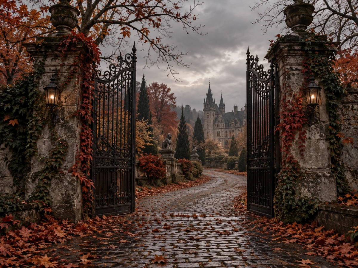Gothic castle beyond an iron gate surrounded by red autumn trees and fallen leaves