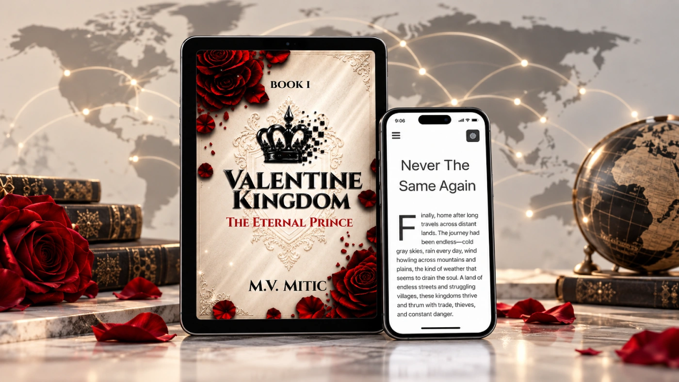Valentine Kingdom fantasy novel displayed on a tablet beside a digital reading app