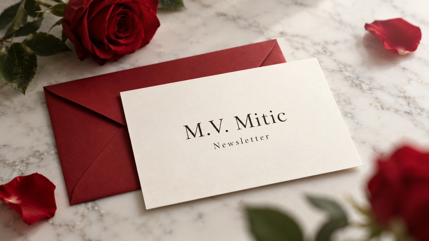 M.V. Mitic newsletter invitation on an ivory card with a red envelope and rose
