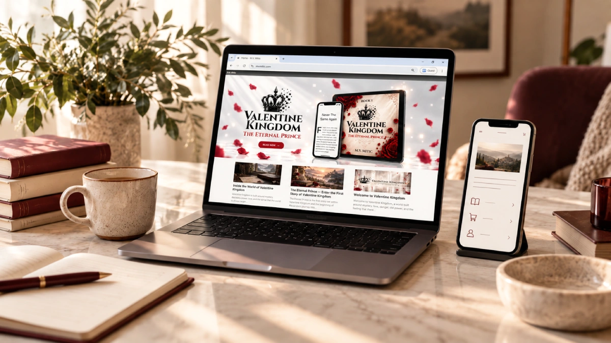 Valentine Kingdom author website displayed on a laptop with fantasy book images and article previews