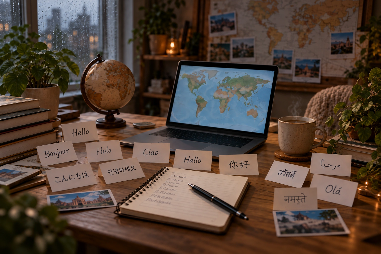 Multilingual website displayed on a laptop beside a globe and language notes