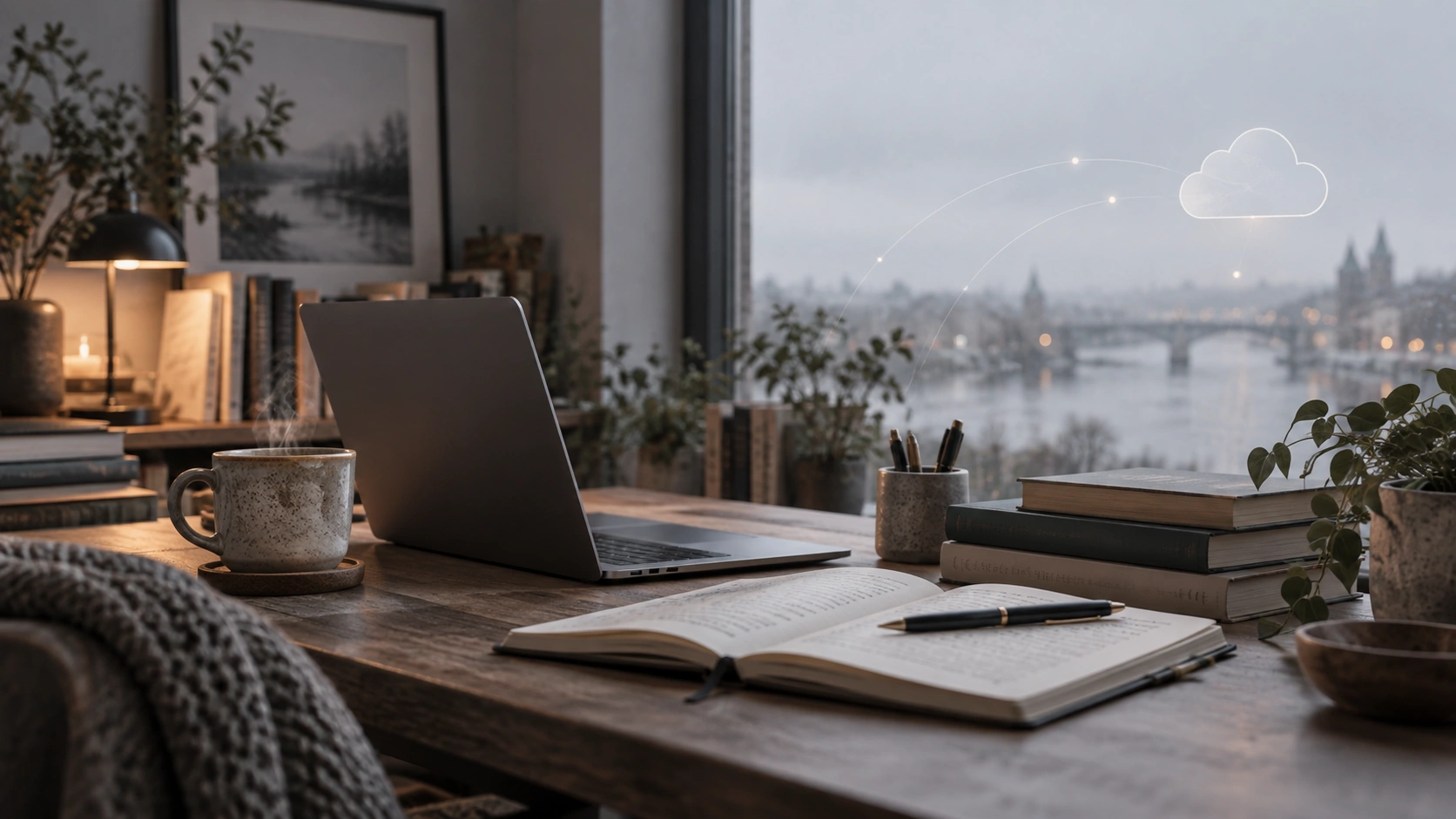 Minimal home office with a laptop overlooking a snowy landscape