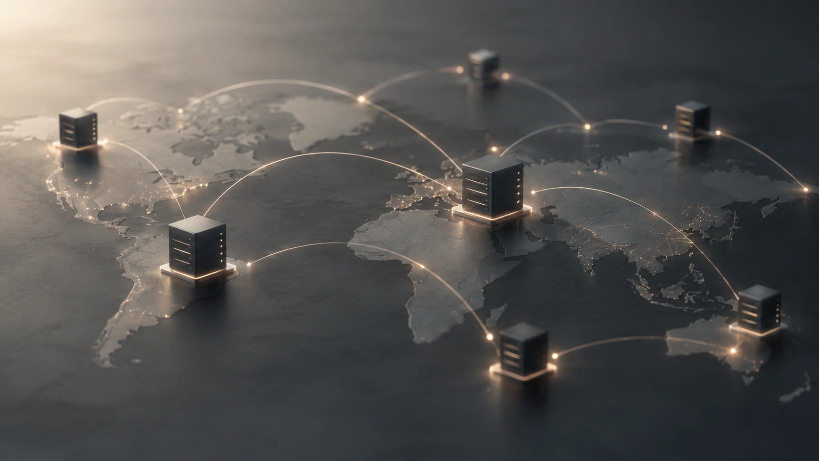 Global network of connected servers across a digital world map