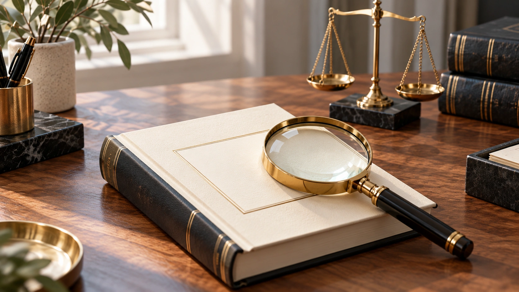 Book title copyright concept with magnifying glass over a hardcover book and legal scales in the background