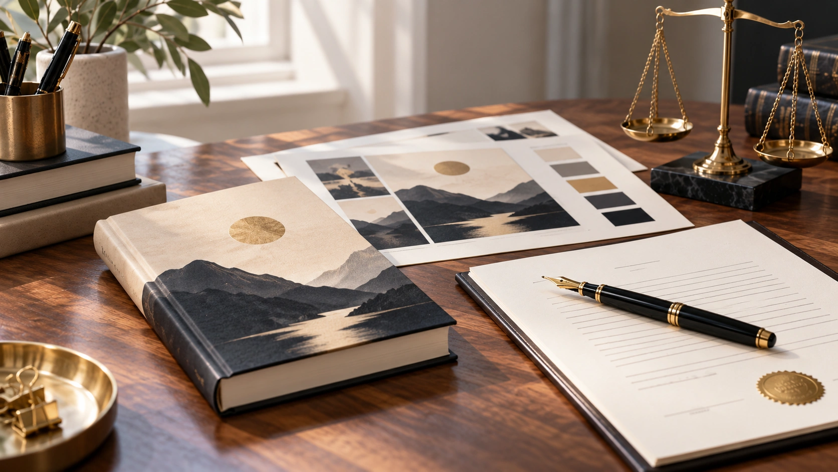 Book cover copyright and ownership concept with hardcover book design, color samples and legal documents