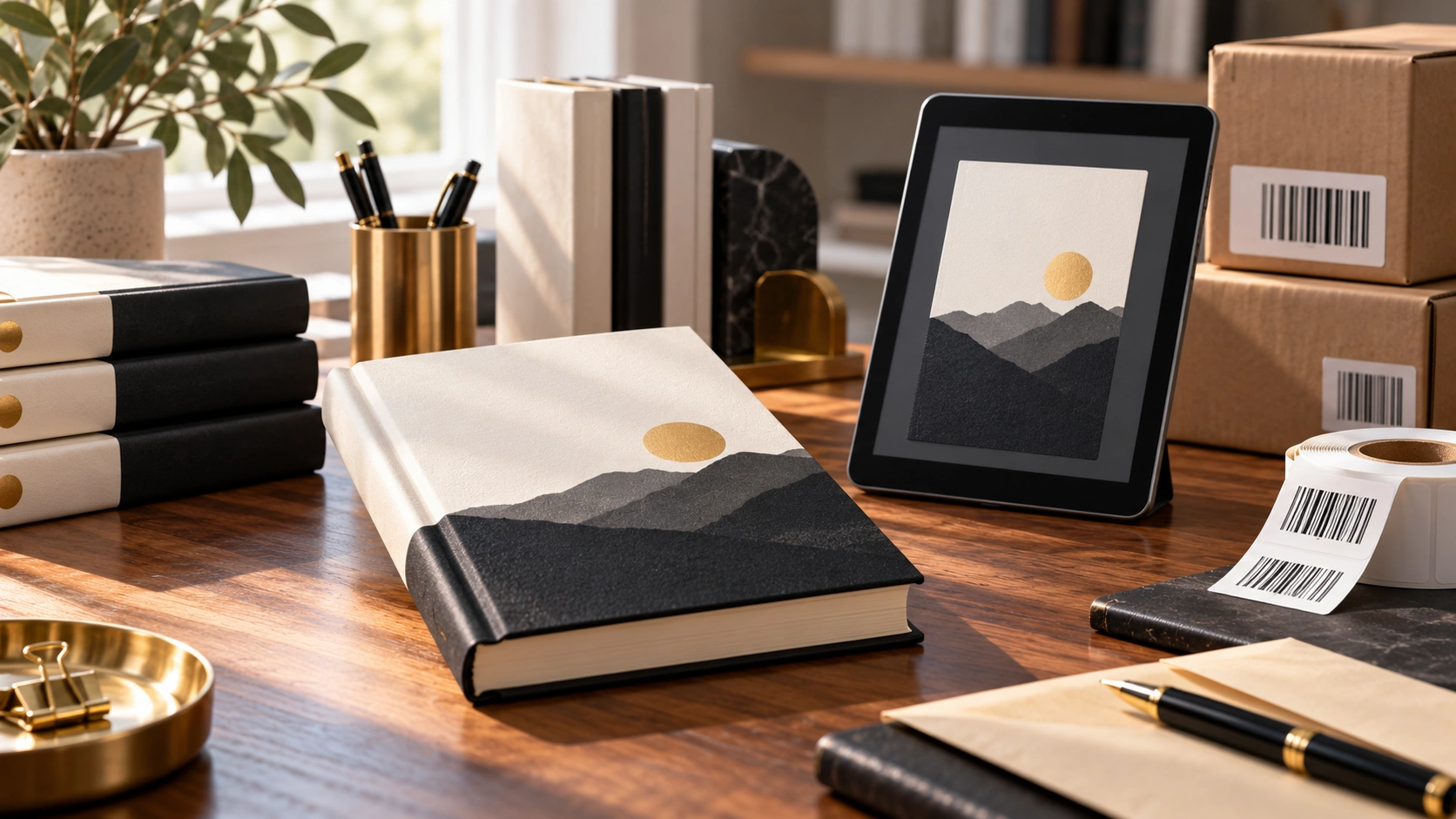 Self-publishing and ISBN concept with printed books, an ebook reader, barcode labels and shipping boxes