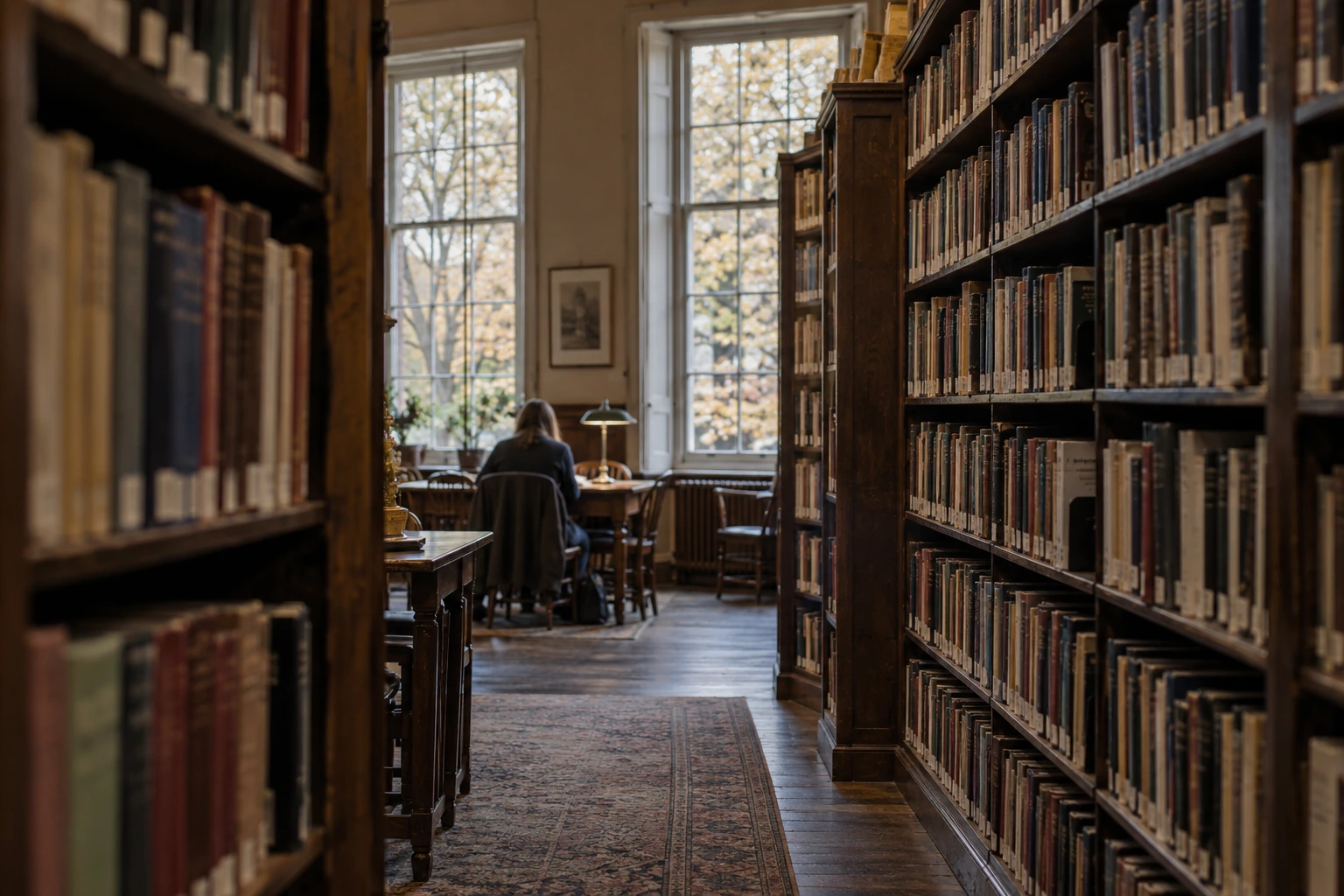 Rows of old library books leading to a reader seated beside tall windows.