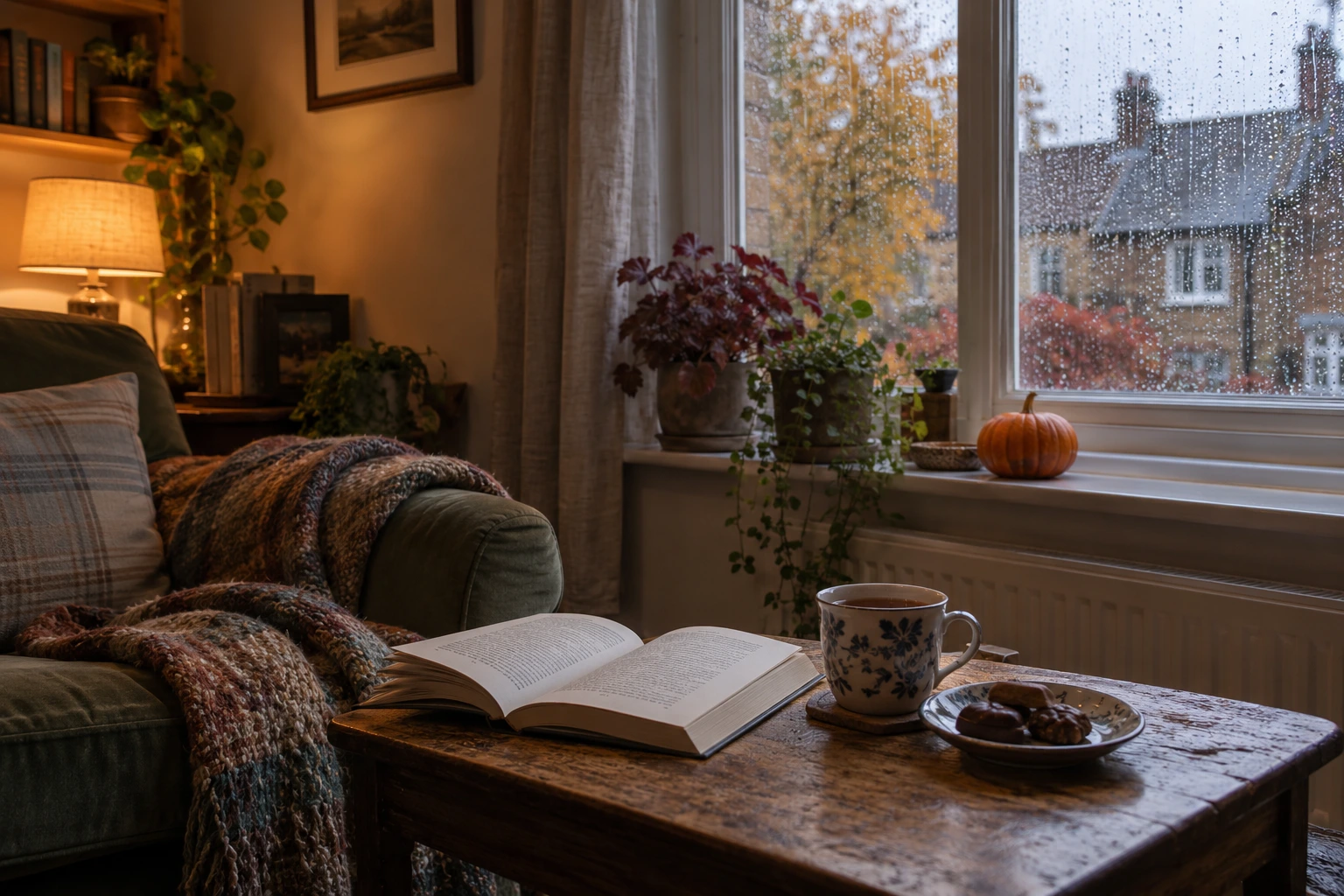 Open book, tea, and chocolates beside a rainy window with a small pumpkin on the sill.