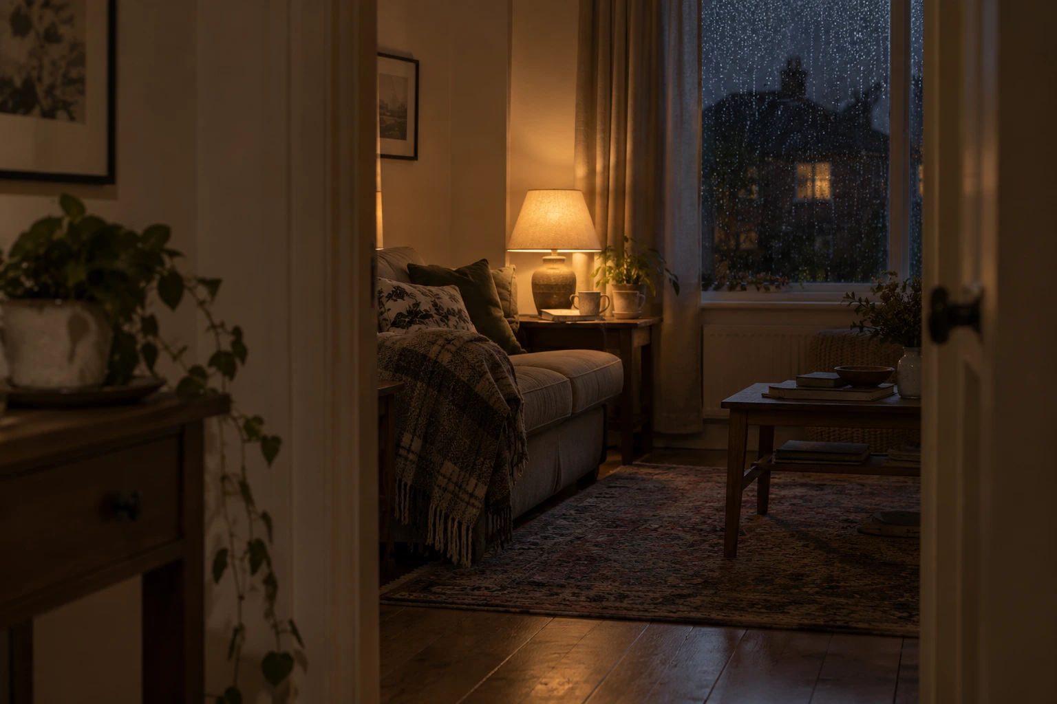 View through a doorway into a quiet living room with books, a warm lamp, and a rainy nighttime window.