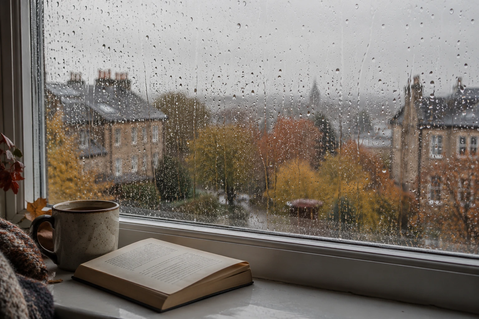Book and mug on a windowsill overlooking autumn trees and buildings through rain-covered glass.