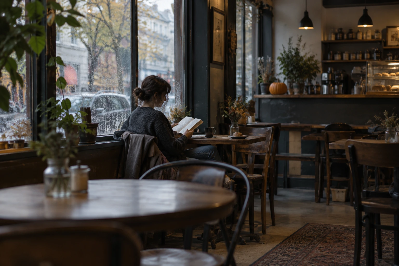 A person reading a paperback beside a rainy café window, with a pumpkin on the counter.
