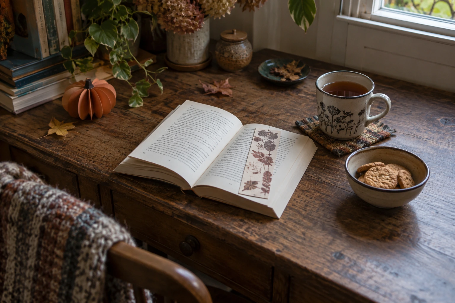Open paperback with a floral bookmark beside tea, biscuits, and a small paper pumpkin.